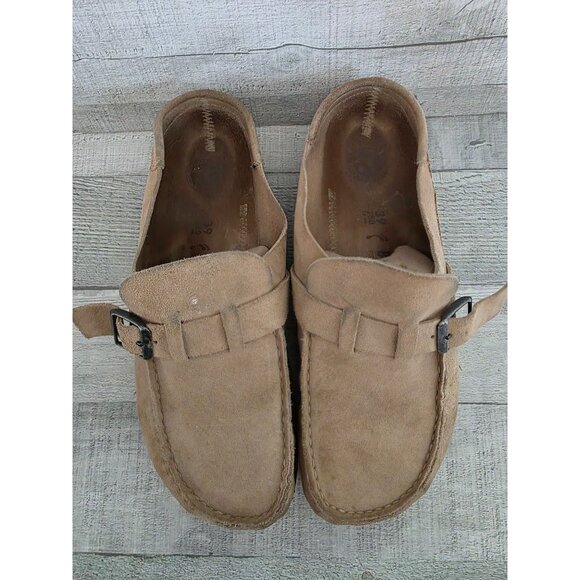 Birkenstock Buckley Size 39 Tan Suede Slip-On Clogs With Buckle & Cork Sole - Picture 2 of 5